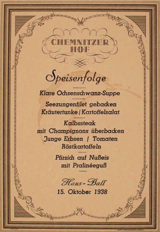 Chemnitzer Hof - Speisekarte - Menükarte - 15.10.1938
