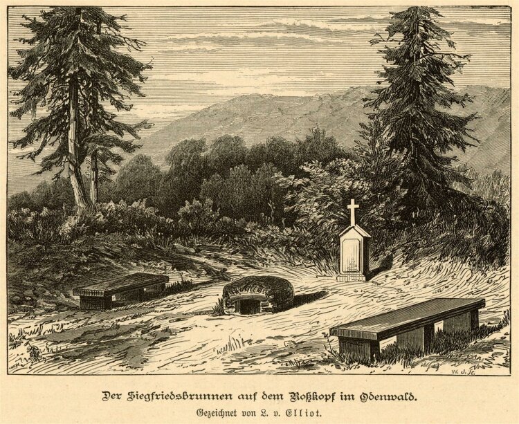 unbekannt - Der Siegfriedbrunnen auf dem Roßkopf im Odenwald - kolorierter Stahl