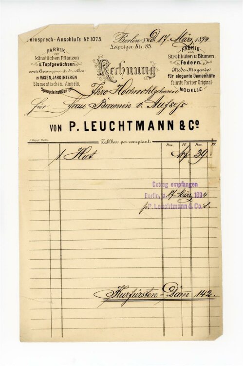Rechnung - Berlin - P. Leuchtmann Fabrik für künstliche Pflanzen - 17.3.1894