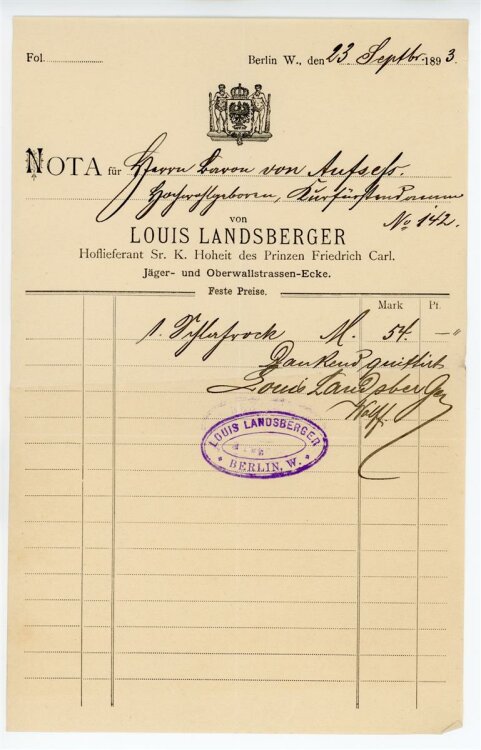 Rechnung - Berlin - Hoflieferant Louis Landsberger - 23.9.1893