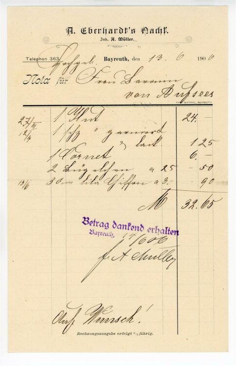 Rechnung - Bayreuth - A. Eberhard`s Nachfolger - 13.6.1906