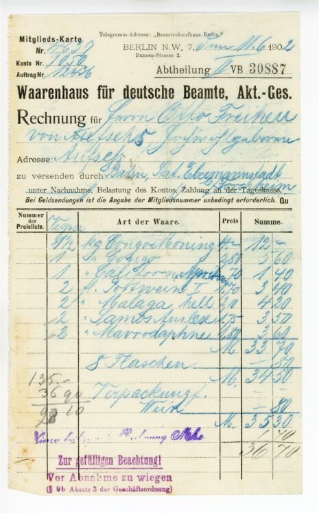 Rechnung - Berlin - Kaufhaus für deutsche Beamte - 11.6.1902