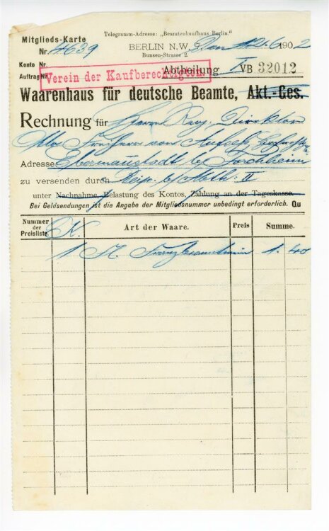 Rechnung - Berlin - Kaufhaus für deutsche Beamte - 12.6.1902