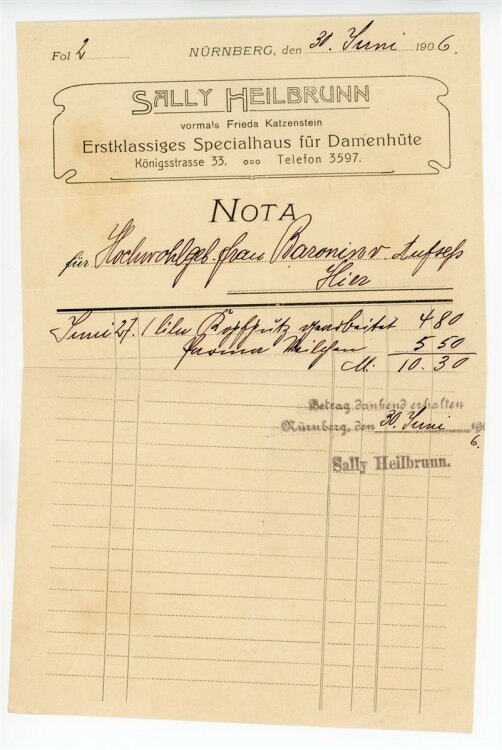 Rechnung - Nürnberg - Sally Heilbrunn Damenhüte - 30.6.1906