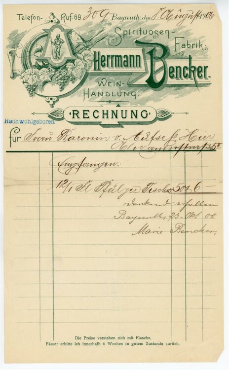 Rechnung - Bayreuth - Herrmann Bencker Weinhandlung - 8.8.1906