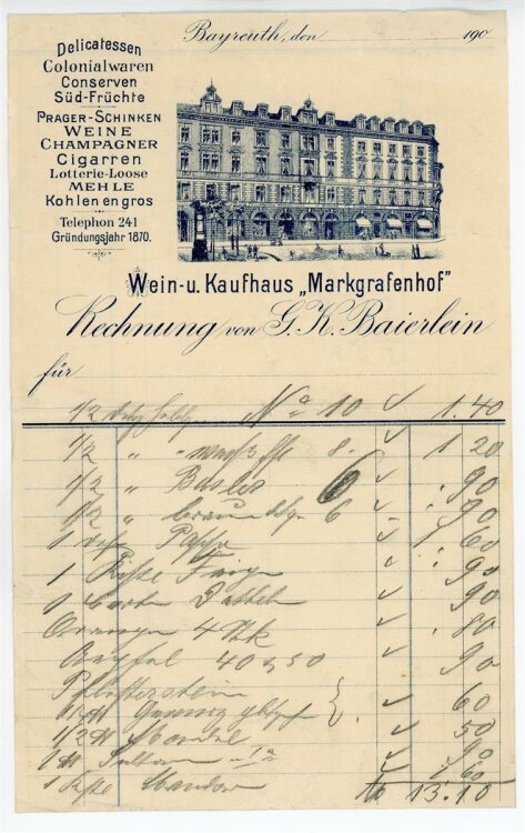 Rechnung - Bayreuth - G.K. Baierlein Kaufhaus Markgrafenhof - nach 1900
