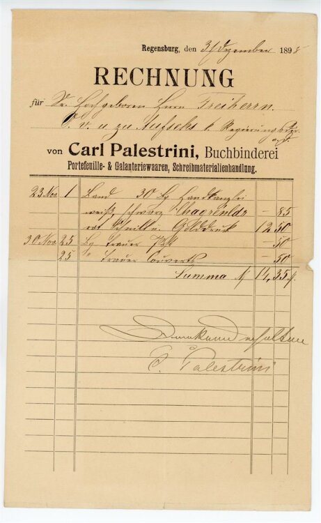 Rechnung - Regensburg - Carl Palestrini Buchbinderei - 31.12.1898