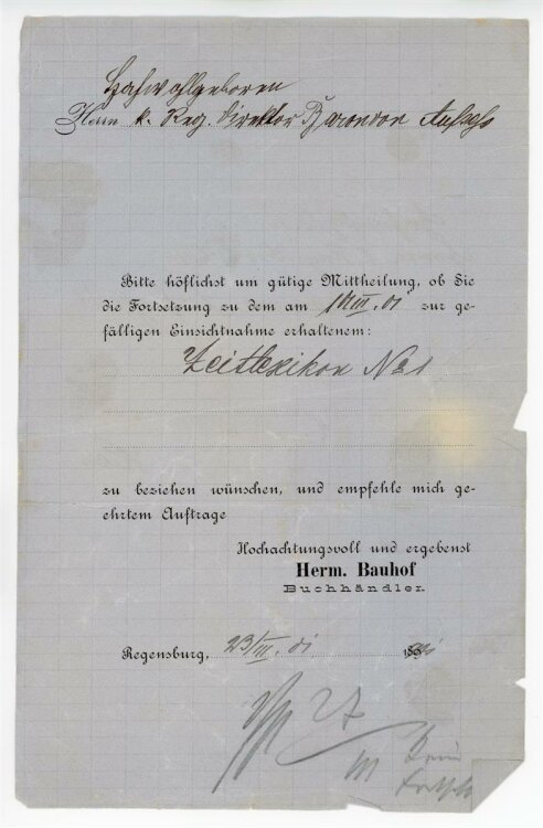 Rechnung - Regensburg - Herm. Bauhof Buchhändler - 23.3.1901