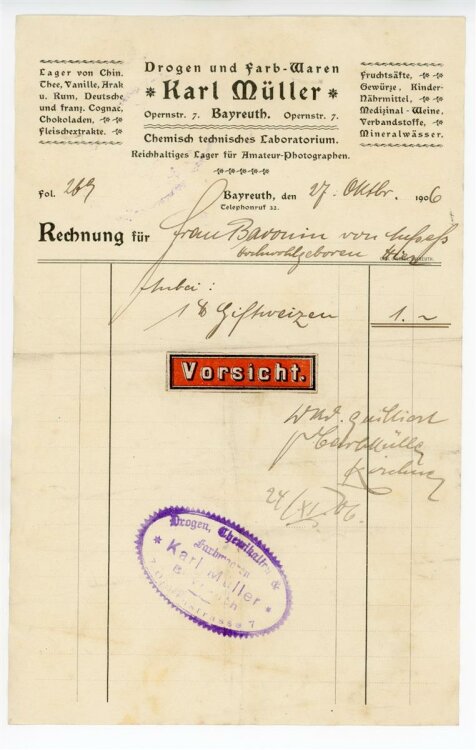 Rechnung - Bayreuth - Karl Müller Drogenn und Farb.Waren - 27.10.1906