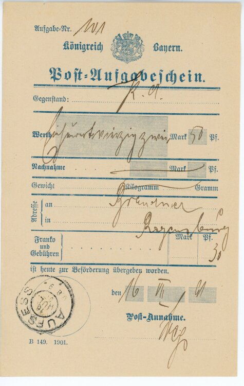 Königreich Bayern - Post-Aufgabeschein - Aufsess - 16.07.1902