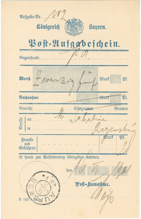 Königreich Bayern - Post-Aufgabeschein - Aufsess - 16.07.1901