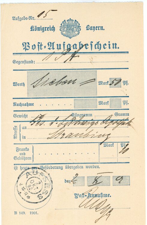 Königreich Bayern - Post-Aufgabeschein - Aufsess - 02.10.1902