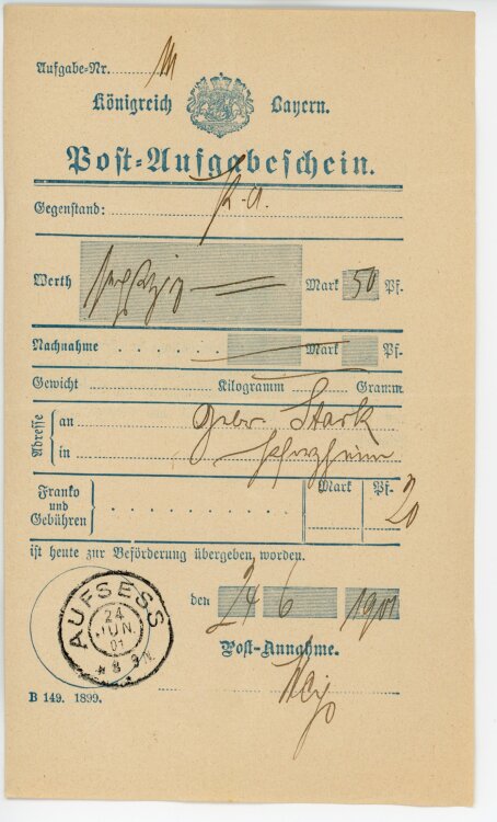 Königreich Bayern - Post-Aufgabeschein - Pforzheim - 24.06.1901