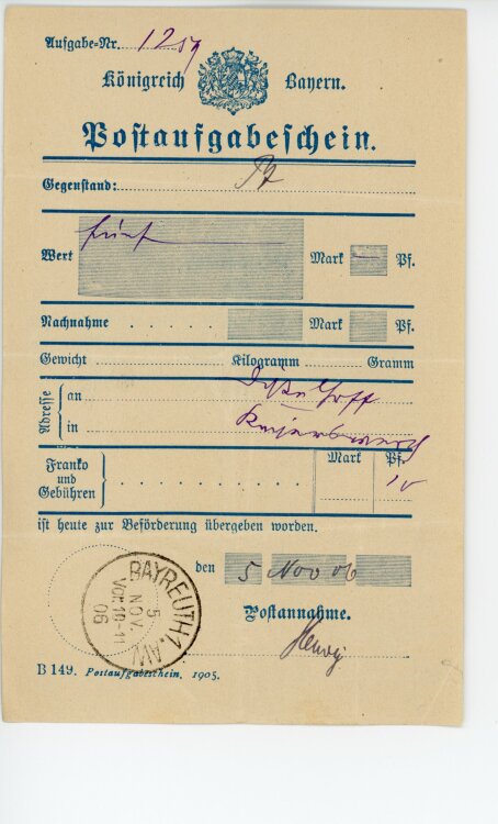 Königreich Bayern - Post-Aufgabeschein - Bayreuth - 05.11.1906