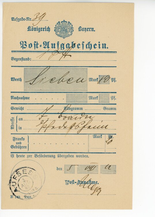 Königreich Bayern - Post-Aufgabeschein - Aufsess - 05.08.1902
