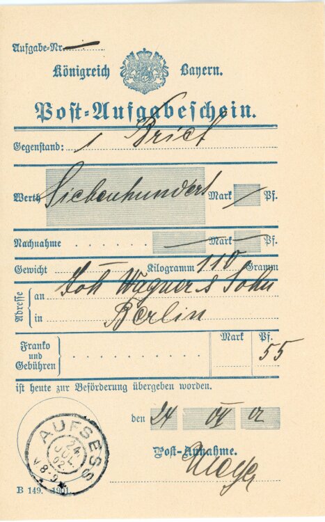 Königreich Bayern - Post-Aufgabeschein - Aufsess - 24.07.1902