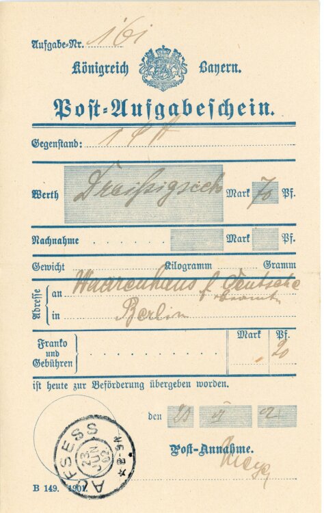 Königreich Bayern - Post-Aufgabeschein - Aufsess - 23.07.1902