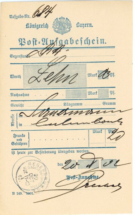 Königreich Bayern - Post-Aufgabeschein - Aufsess - 20.10.2902