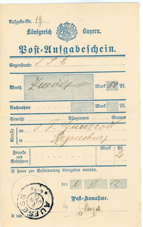 Königreich Bayern - Post-Aufgabeschein - Aufsess - 02.07.1902