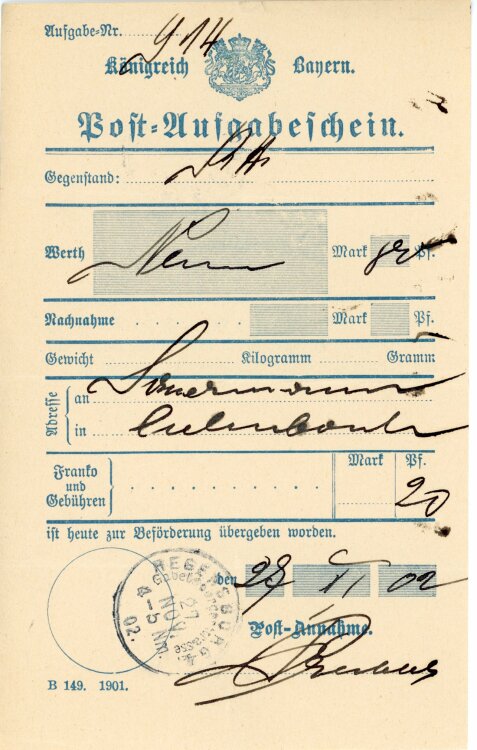 Königreich Bayern - Post-Aufgabeschein - Aufsess - 27.11.1902