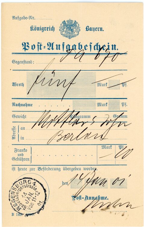 Königreich Bayern - Post-Aufgabeschein - Aufsess - 14.01.1901