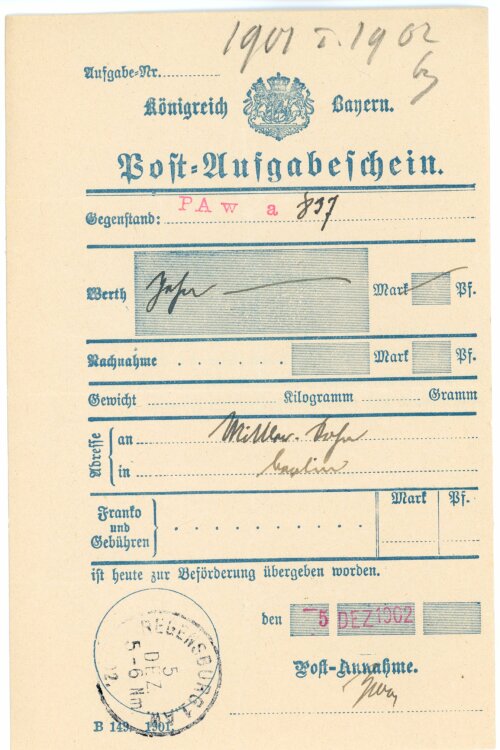 Königreich Bayern - Post-Aufgabeschein - Regensburg - 05.12.1902