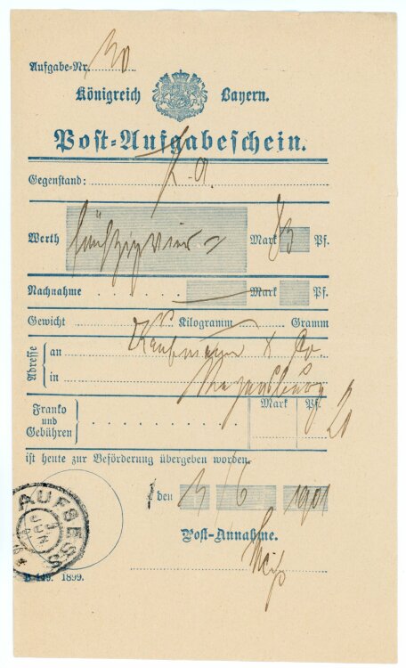 Königreich Bayern - Post-Aufgabeschein - Aufsess - 09.06.1901