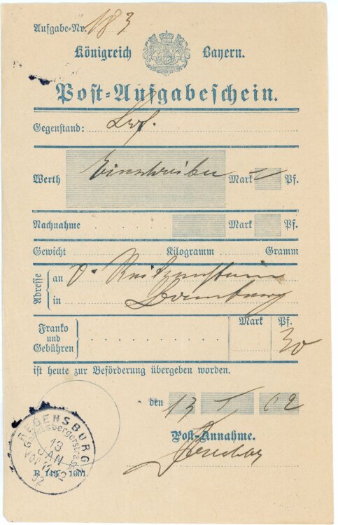 Königreich Bayern - Post-Aufgabeschein - Regensburg - 13.01.1902