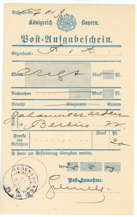 Königreich Bayern - Post-Aufgabeschein - Regensburg - 25.05.1905