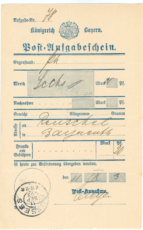 Königreich Bayern - Post-Aufgabeschein - Aufsess - 11.09.1903