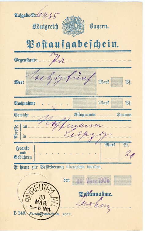 Königreich Bayern - Post-Aufgabeschein - Bayreuth - 30.03.1906