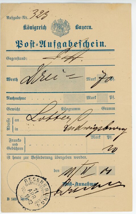 Königreich Bayern - Post-Aufgabeschein - Regensburg - 11.04.1900