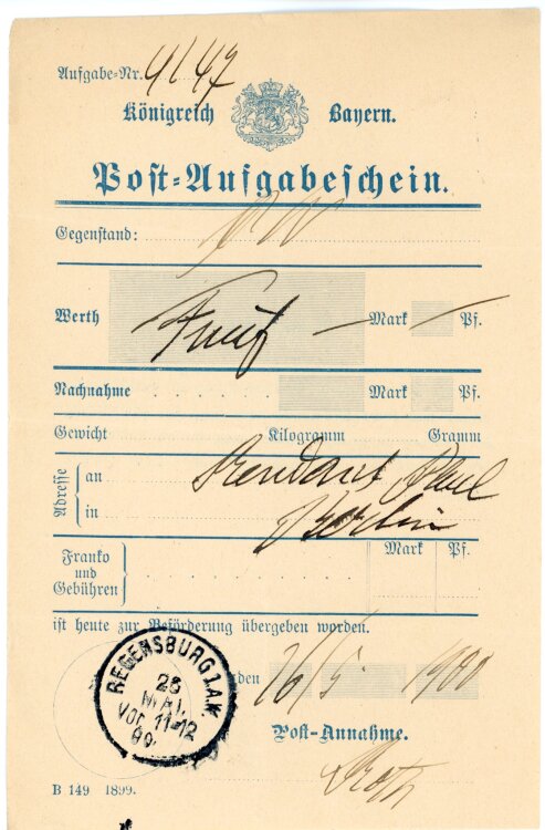 Königreich Bayern - Post-Aufgabeschein - Regensburg - 28.05.1900