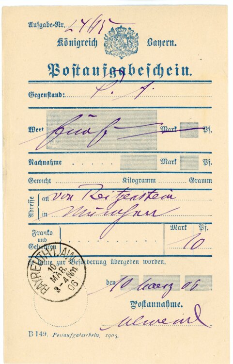 Königreich Bayern - Post-Aufgabeschein - Bayreuth - 10.03.1906