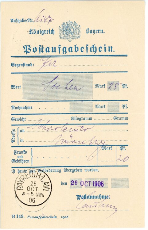 Königreich Bayern - Post-Aufgabeschein - Bayreuth - 26.10.1906