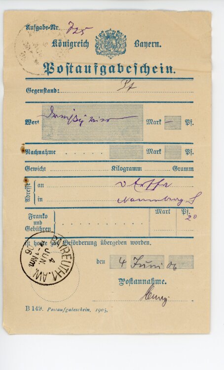 Königreich Bayern - Post-Aufgabeschein - Bayreuth - 04.06.1906