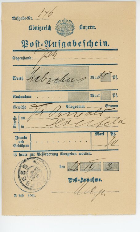 Königreich Bayern - Post-Aufgabeschein - Aufsess - 22.09.1903