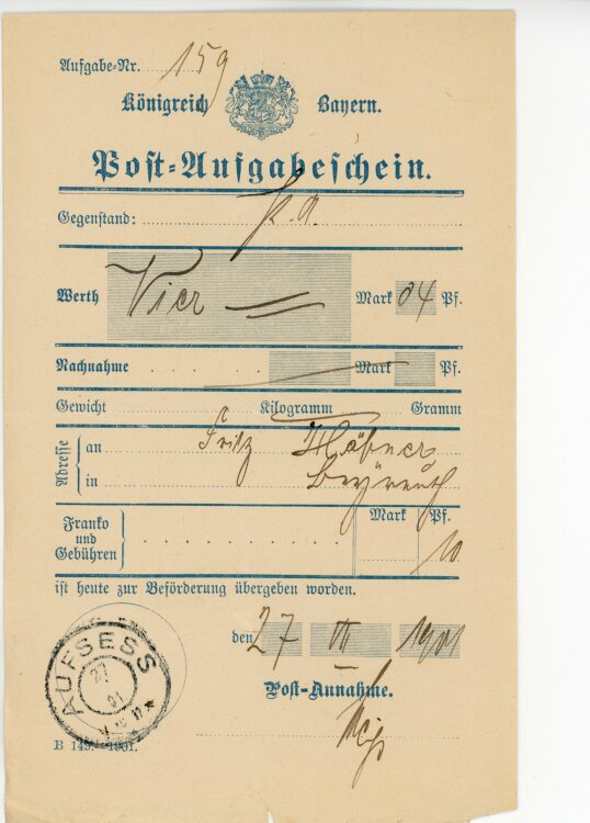 Königreich Bayern - Post-Aufgabeschein - Aufsess - 27.01.1901