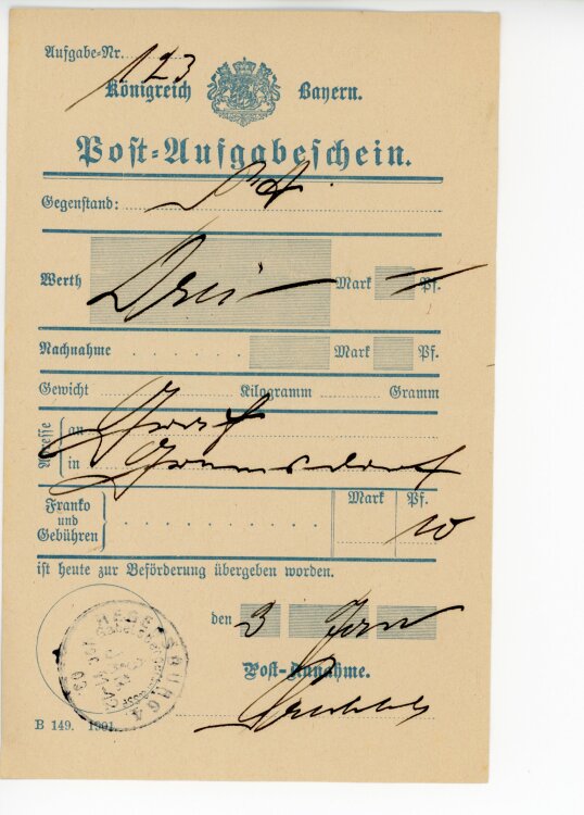 Königreich Bayern - Post-Aufgabeschein - Regensburg - 03.01.1903