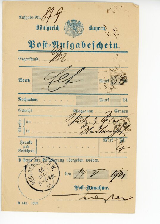 Königreich Bayern - Post-Aufgabeschein - Regensburg - 14.05.1901