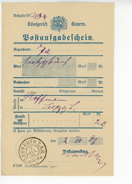 Königreich Bayern - Post-Aufgabeschein - Bayreuth - 02.07.1906