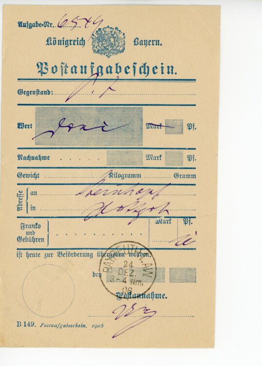 Königreich Bayern - Post-Aufgabeschein - Bayreuth - 24.12.1906