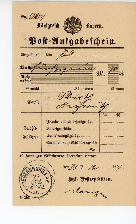 Königreich Bayern - Post-Aufgabeschein - Regensburg - 23.12.1897
