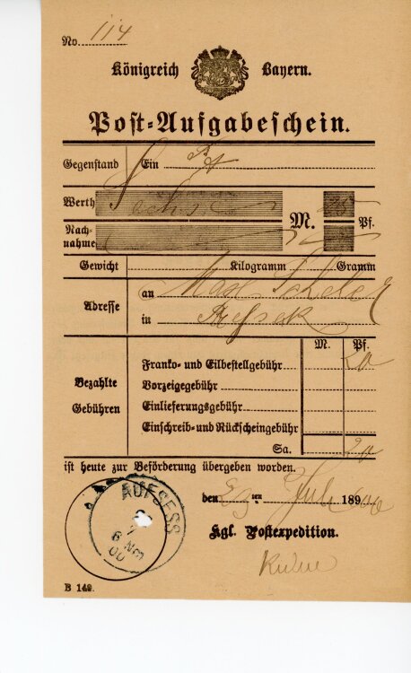 Königreich Bayern - Post-Aufgabeschein - Aufsess - 23.07.1900
