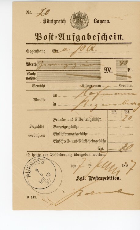 Königreich Bayern - Post-Aufgabeschein - Aufsess - 07.06.1897