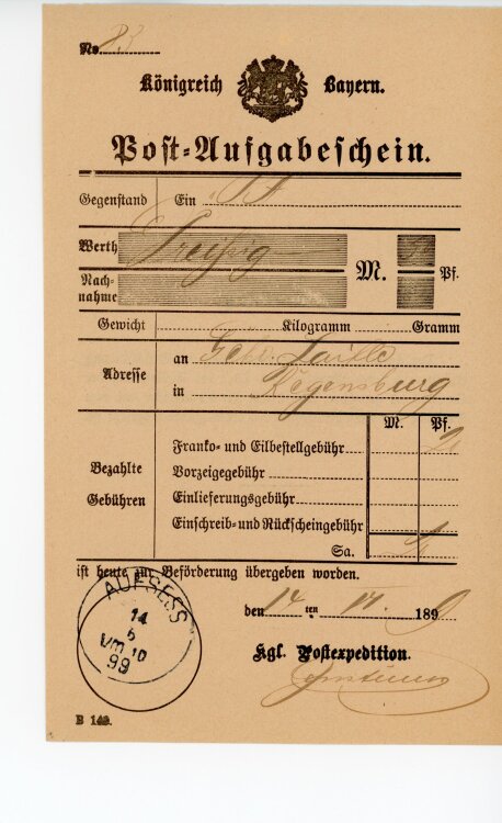 Königreich Bayern - Post-Aufgabeschein - Aufsess - 14.06.1899