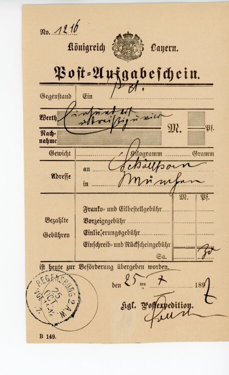Königreich Bayern - Post-Aufgabeschein - Regensburg - 25.07.1897