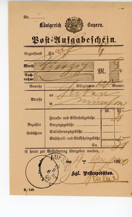 Königreich Bayern - Post-Aufgabeschein - Aufsess - 19.08.1900