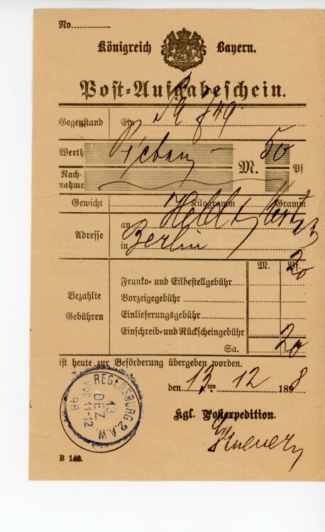 Königreich Bayern - Post-Aufgabeschein - Regensburg - 13.12.1898