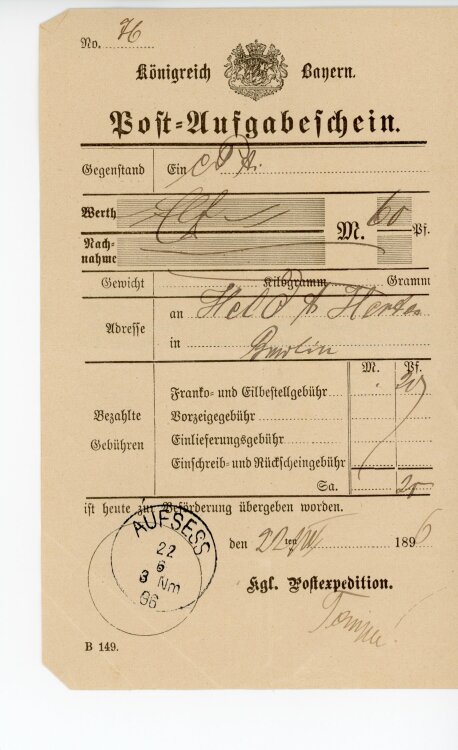 Königreich Bayern - Post-Aufgabeschein - Aufsess - 22.06.1896